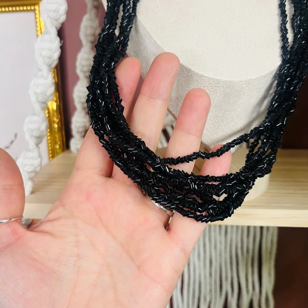 Vintage Multi-Layered Glass Beaded Necklace | Black Statement‎ Jewelry | Gothic